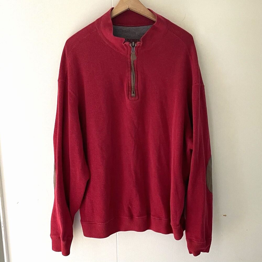 Daniel Cremieux Pullover RED Sweater Mens XL 1/4 Zip Elbow Patches Knit‎ Long